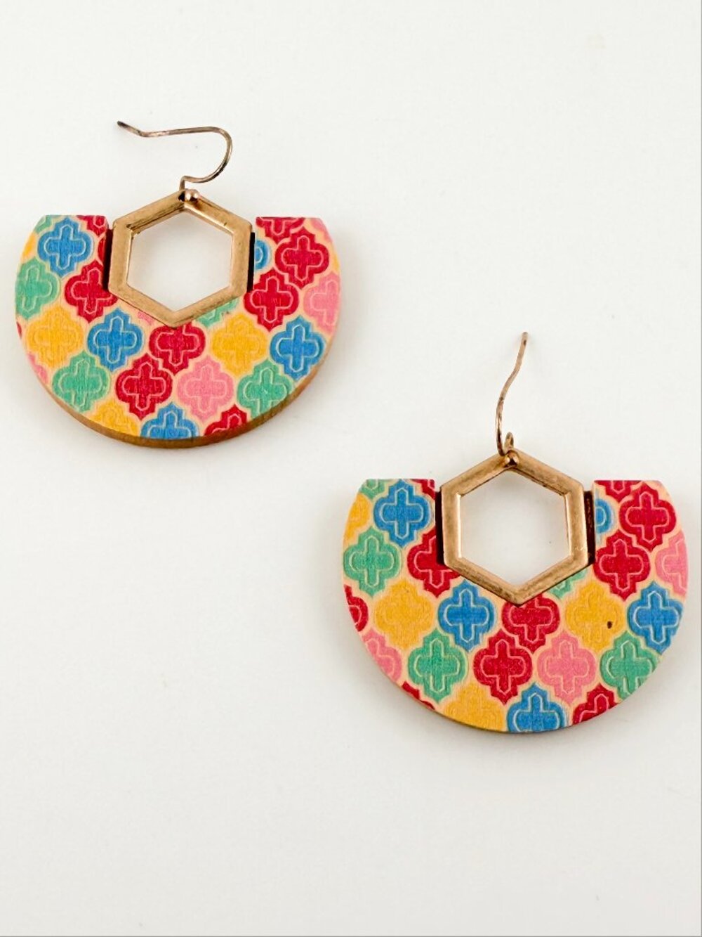 Boho Geometric Printed Wood Drop Earrings Colorful Hexagon